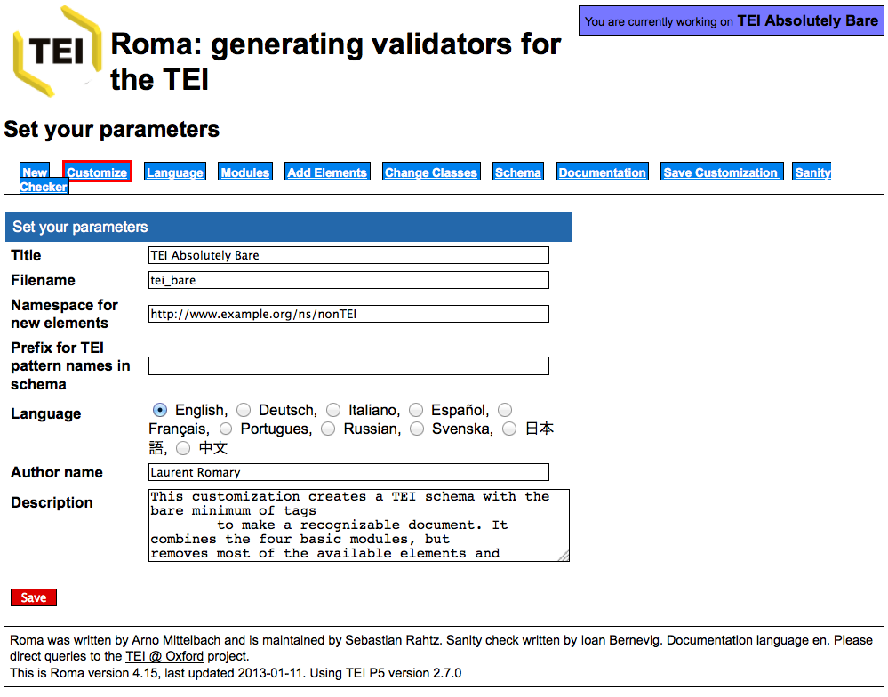 Screen shot: customise metadata