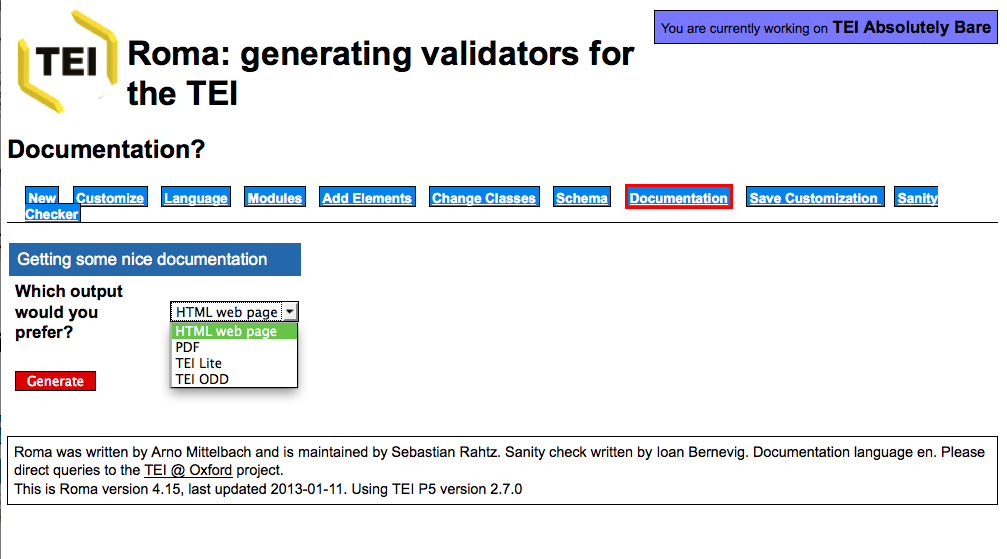 Screen shot: generate documentation