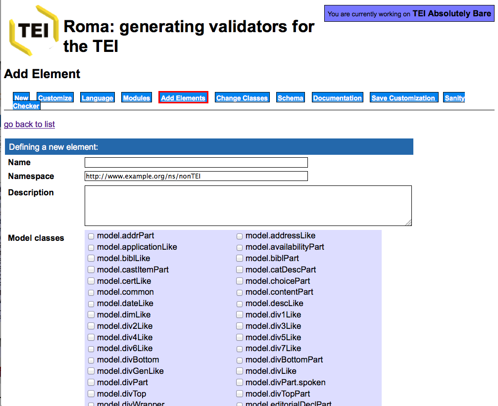 Screen shot: defining a new element