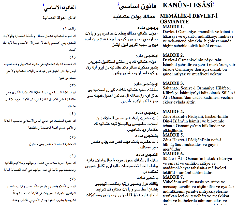 Original and latinised text of the Ottoman constitution in a digital parallel edition with an Arabic translation
