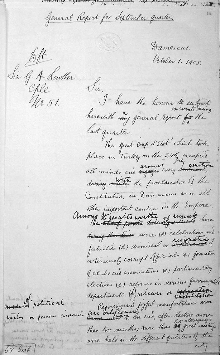 PRO FO 618/3 Damascus 51 draft, General Report for September Quarter, Devey to Lowther 1 Oct. 1908