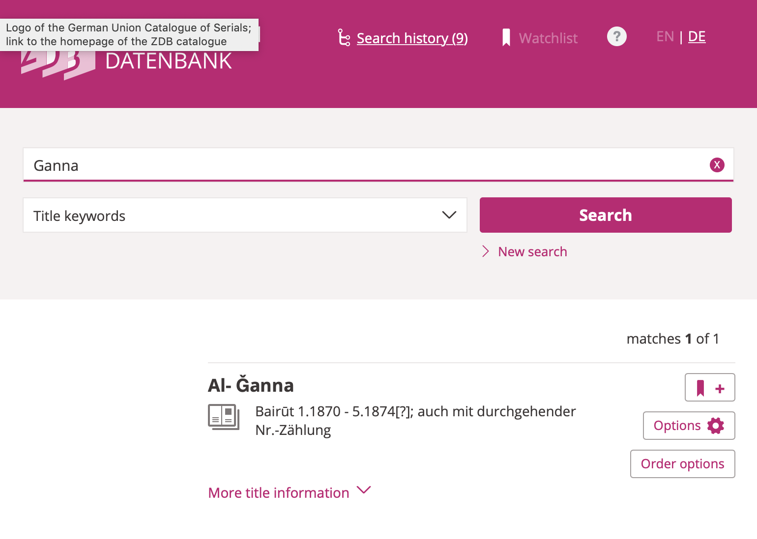Successfully searching the union catalogue for periodicals in German-speaking countries for the journal al-Janna in in DMG transcription without diacritics or definite article (Ganna)