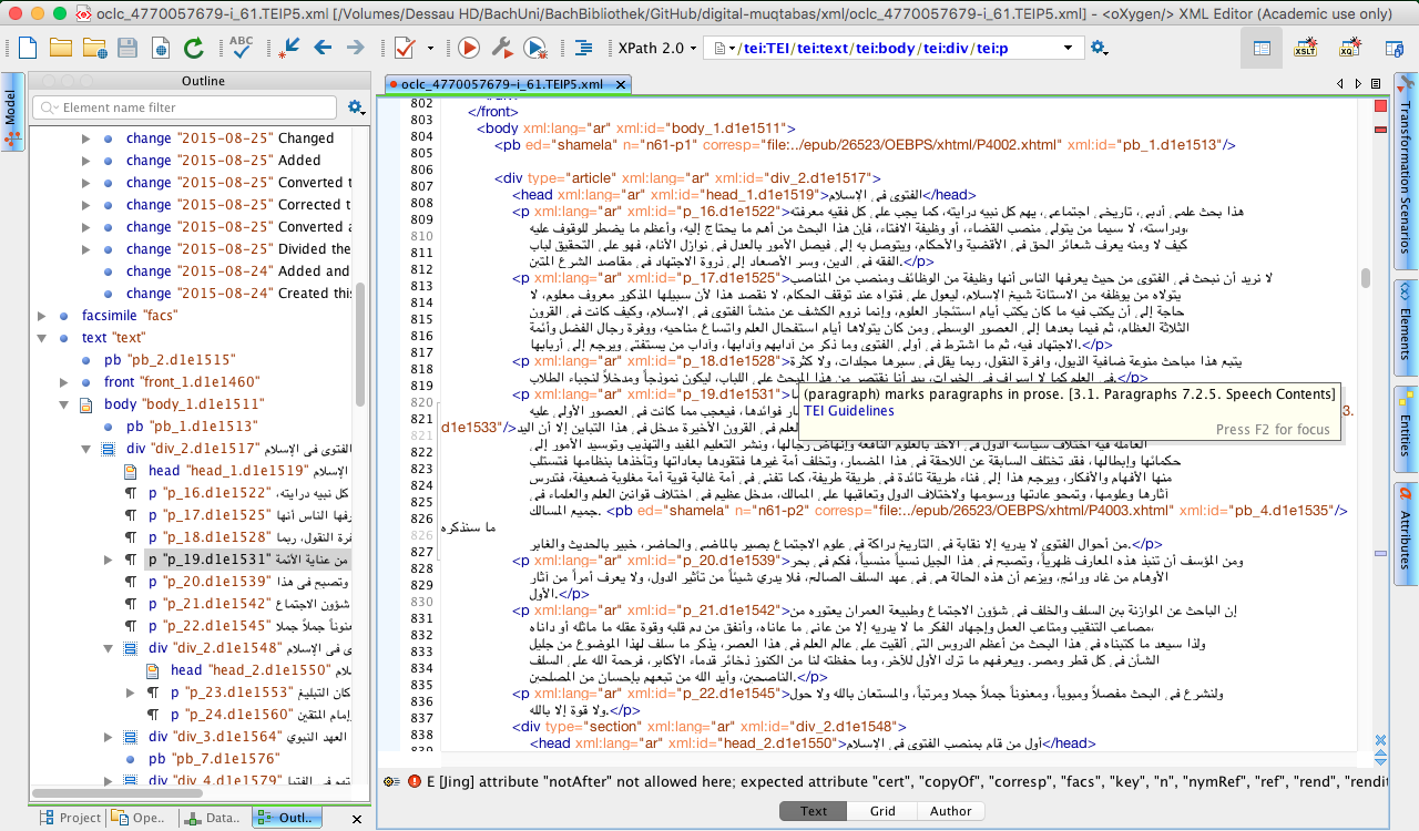 TEI file of al-Muqtabas 6(2) in oXygen: plain XML